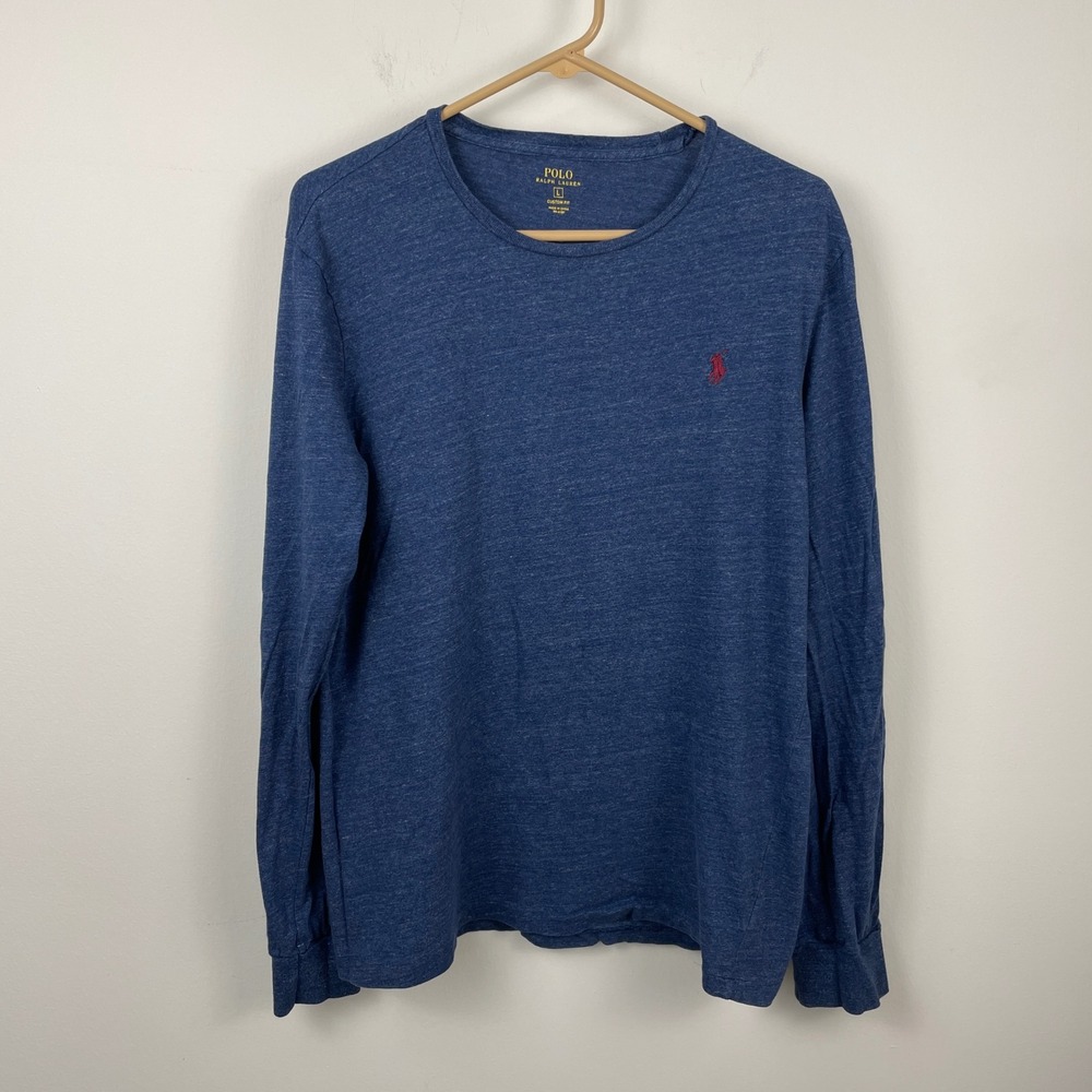 Polo Ralph Lauren Mens Blue Heathered Long‎ Sleeve T-Shirt Custom Fit Large L